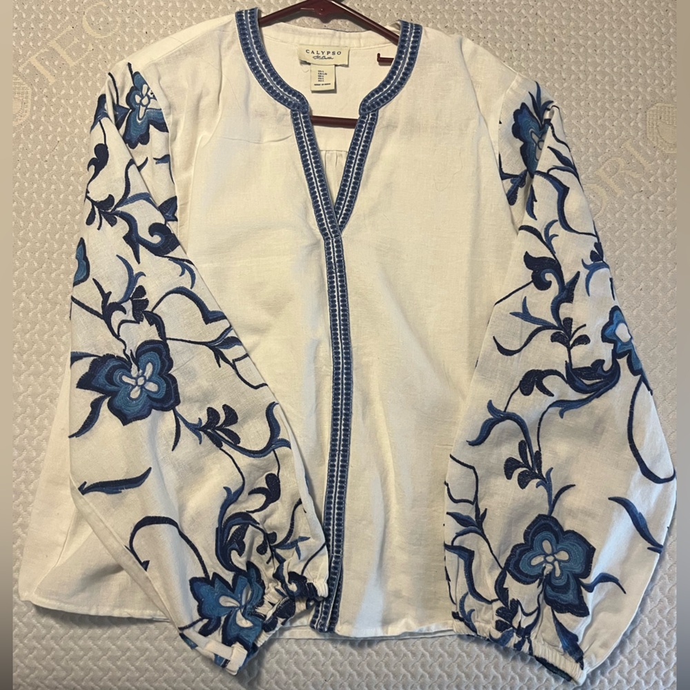 Calypso Blue and White Embroidered Top